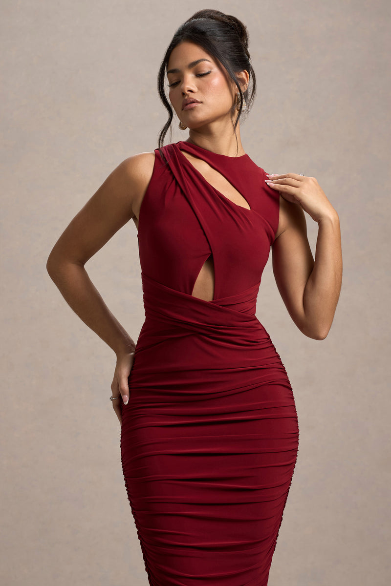 Aire Wine Cut-Out Ruched Maxi Dress – Club L London