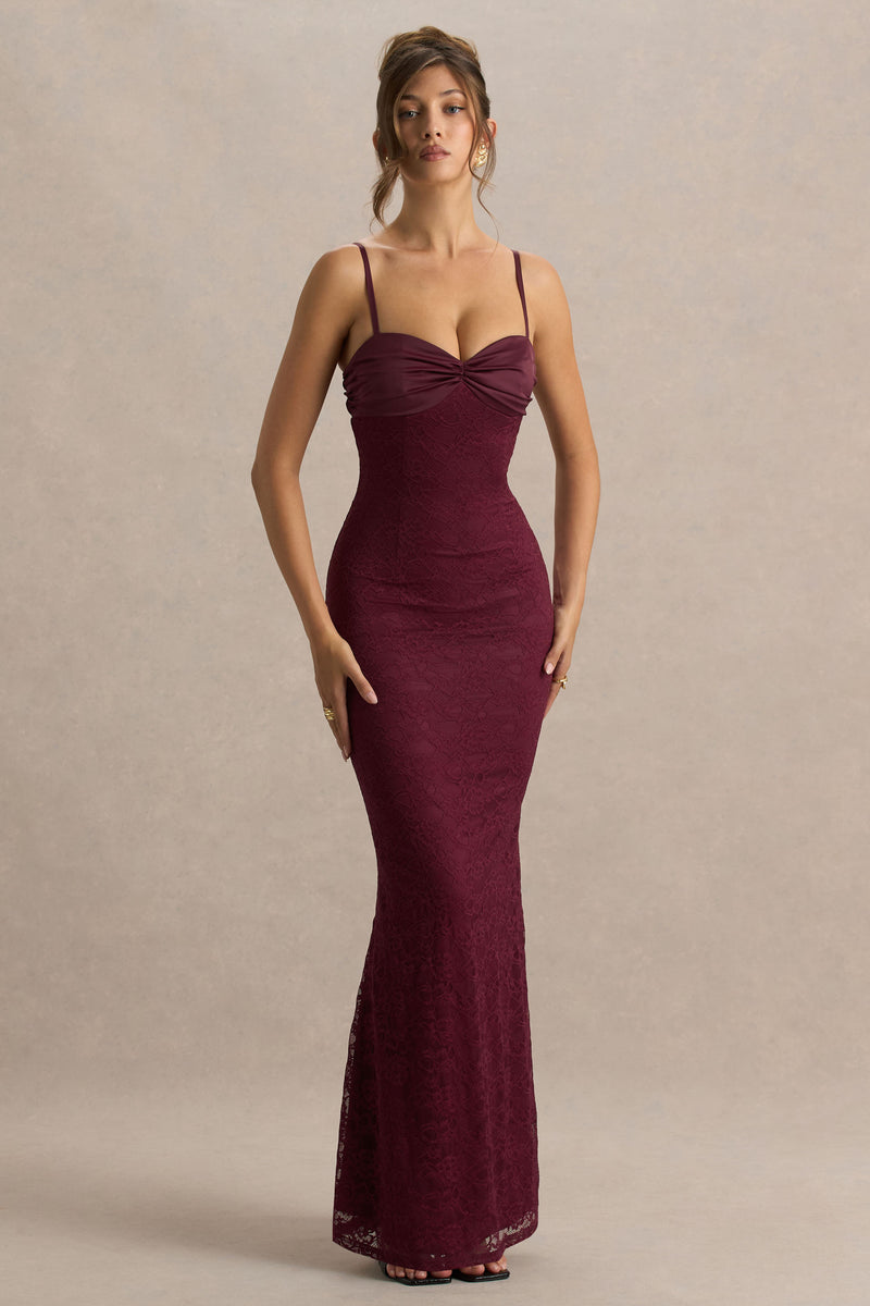Juana | Burgundy Sweetheart-Neck Satin And Lace Maxi Dress