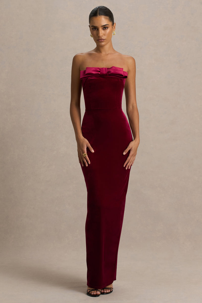 Illusion | Burgundy Velvet Bandeau Maxi Dress With Bow Detail