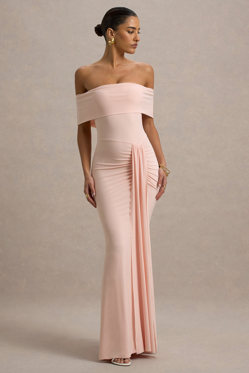 Delma Pink Bardot Maxi Dress With Drape Detail