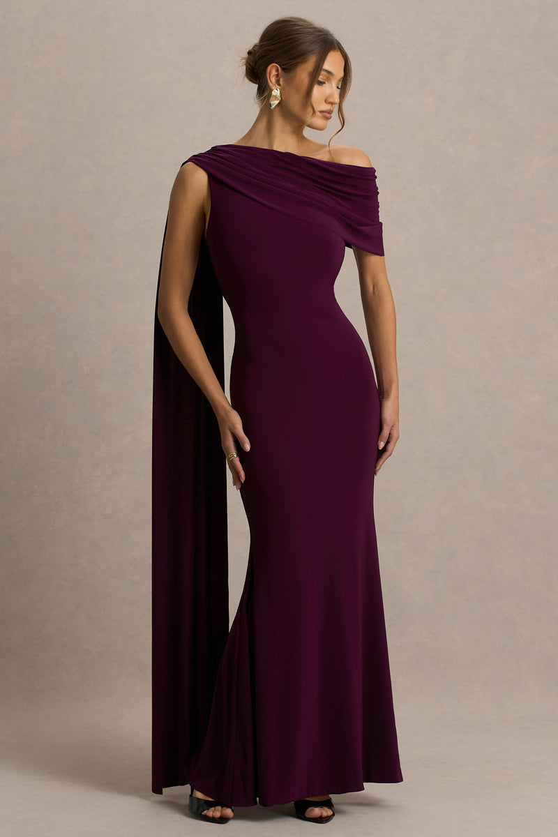 Tiana Dark Plum Asymmetric-Neck Maxi Dress With Draped Detail
