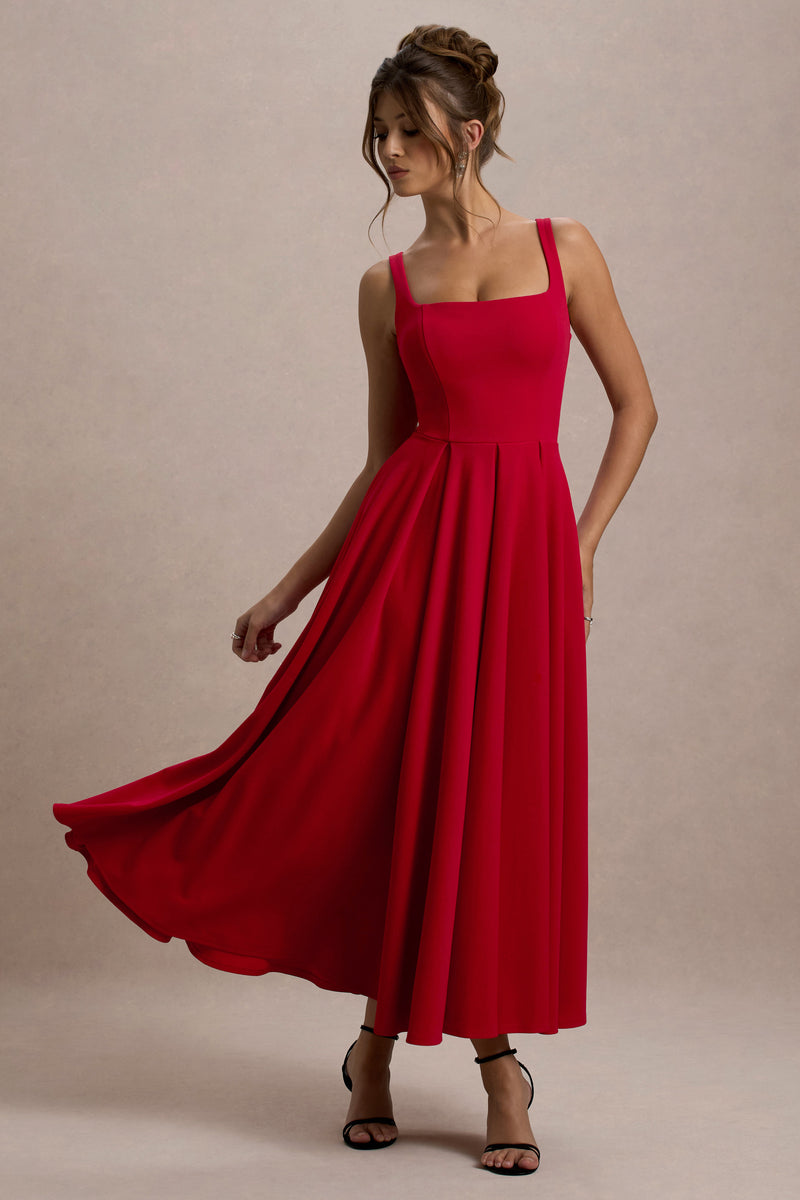 Parina | Red Strappy Volume-Hem Midi Dress