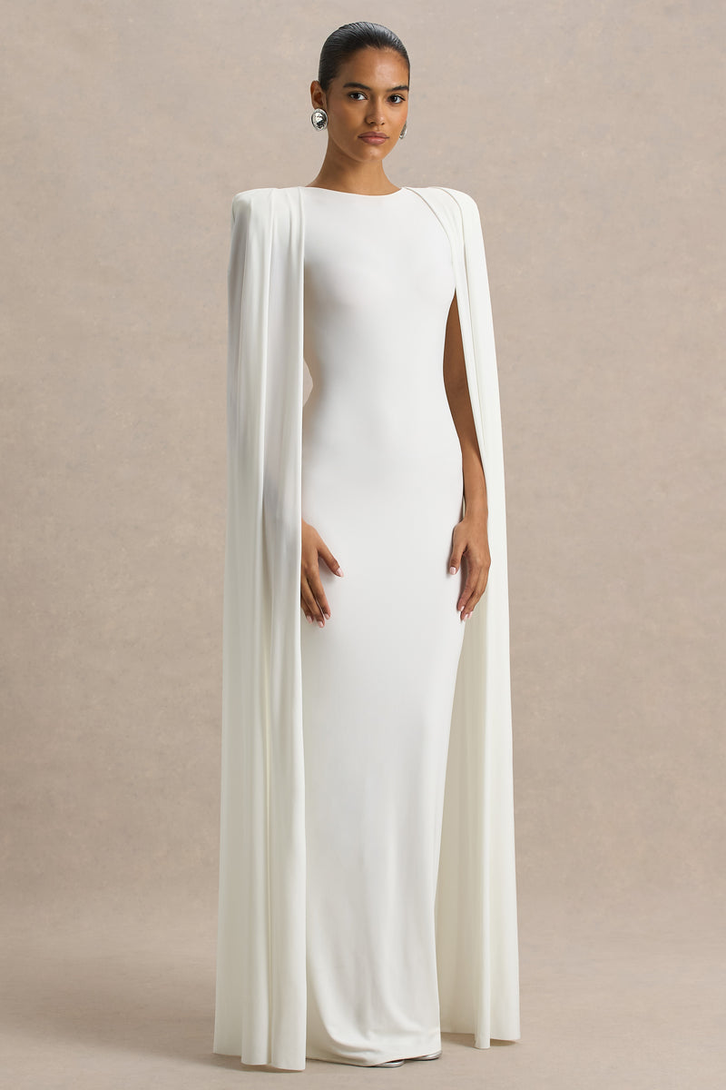Mimi | White Slashed-Neck Maxi Dress With Cape Sleeve Detail