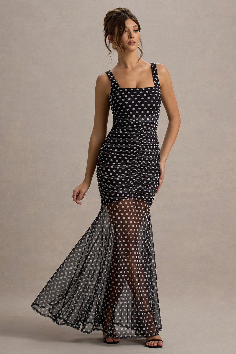 Galaxia Black & White Polka Dot Maxi Dress With Mesh Skirt – Club L