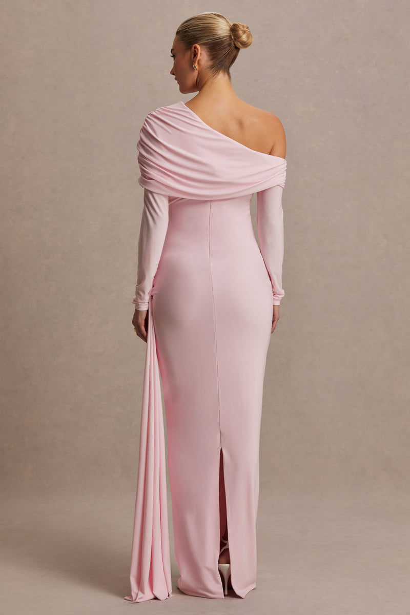 Amara Blush Pink Asymmetric-Neck Maternity Maxi Dress With Sash Detail