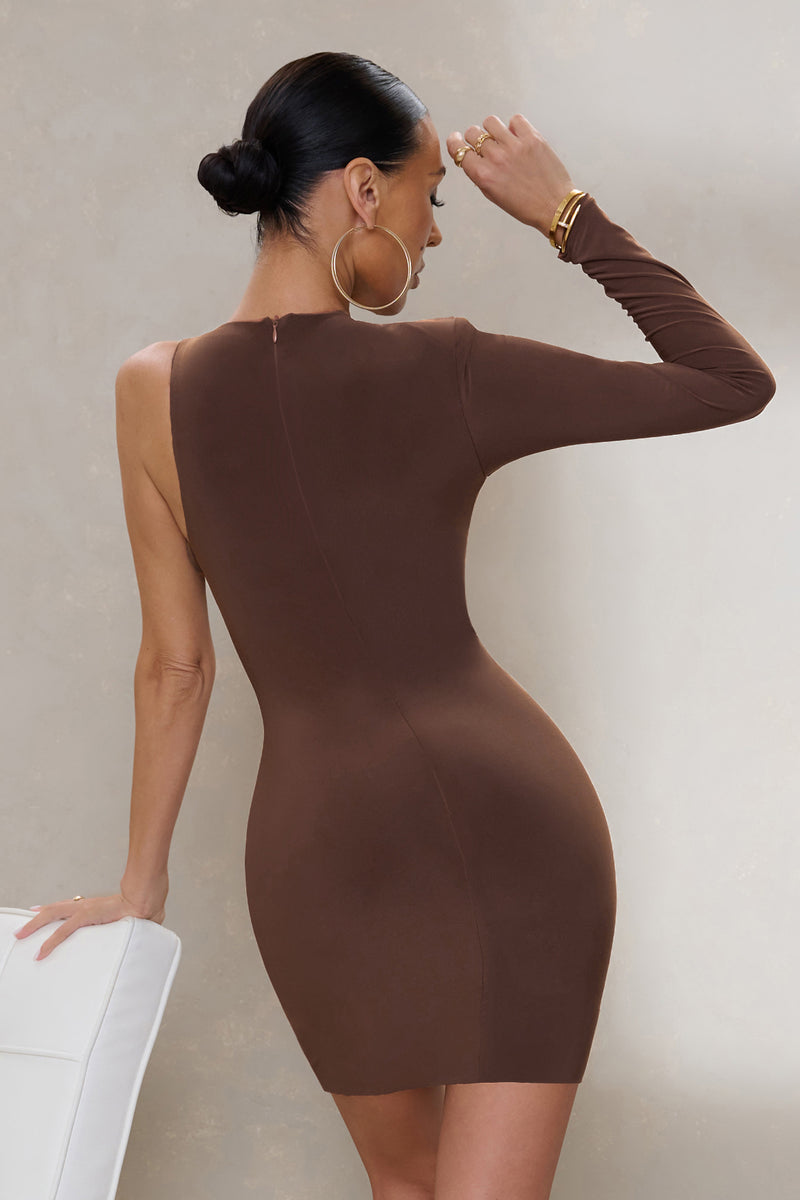 Club L London Dressing Up | Chocolate Brown One Shoulder Maxi Dress with Open Back Detail US 12 / Chocolate