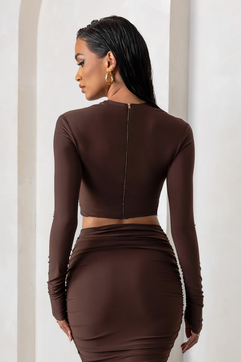 Chocolate Structured Contour Ribbed Round Neck Long Sleeve Crop Top,  Chocolate, £19.00