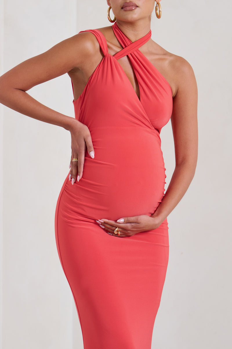 Alba Coral Maternity Halter Asymmetric Maxi Dress with Cut Out Club L London UK