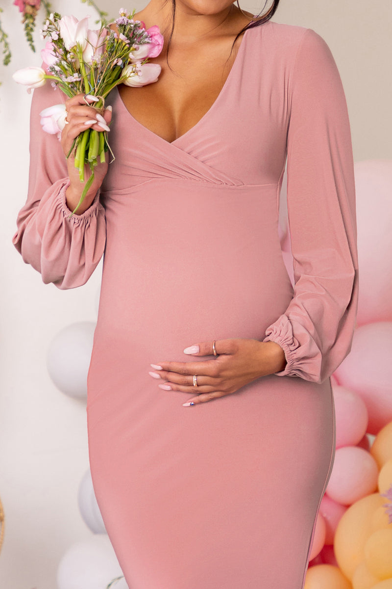 Blushing Pink V-neck Long Sleeves Plus Size Cheap Maternity Dress