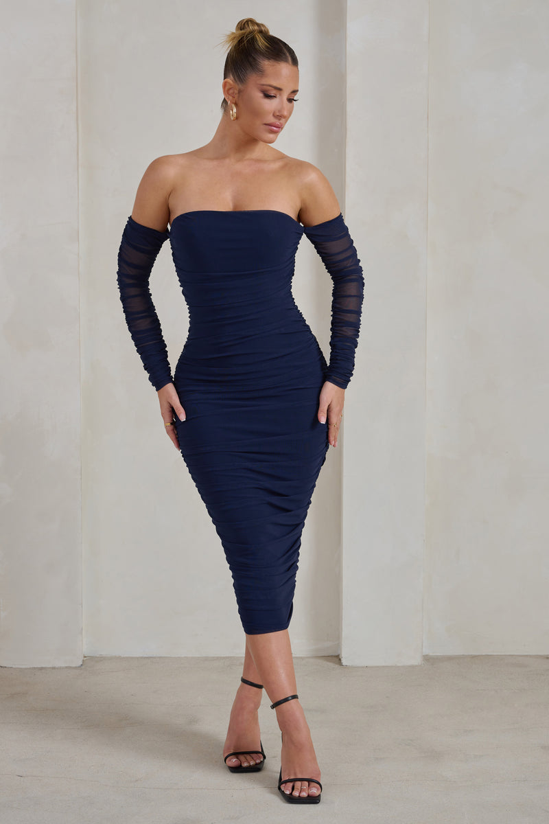 Sorella | Navy Ruched Mesh Bardot Midi Dress