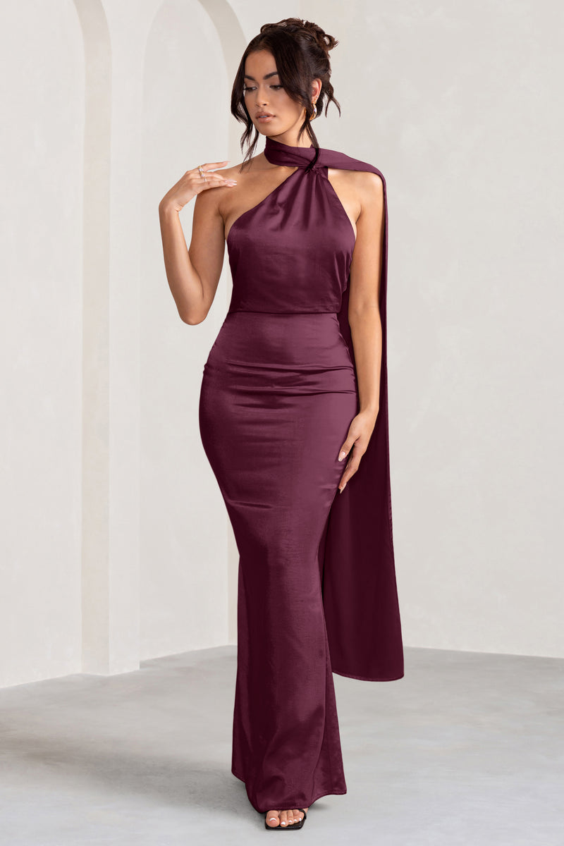 Mademoiselle Burgundy Satin Asymmetric Scarf Neck Backless Maxi Dres ...