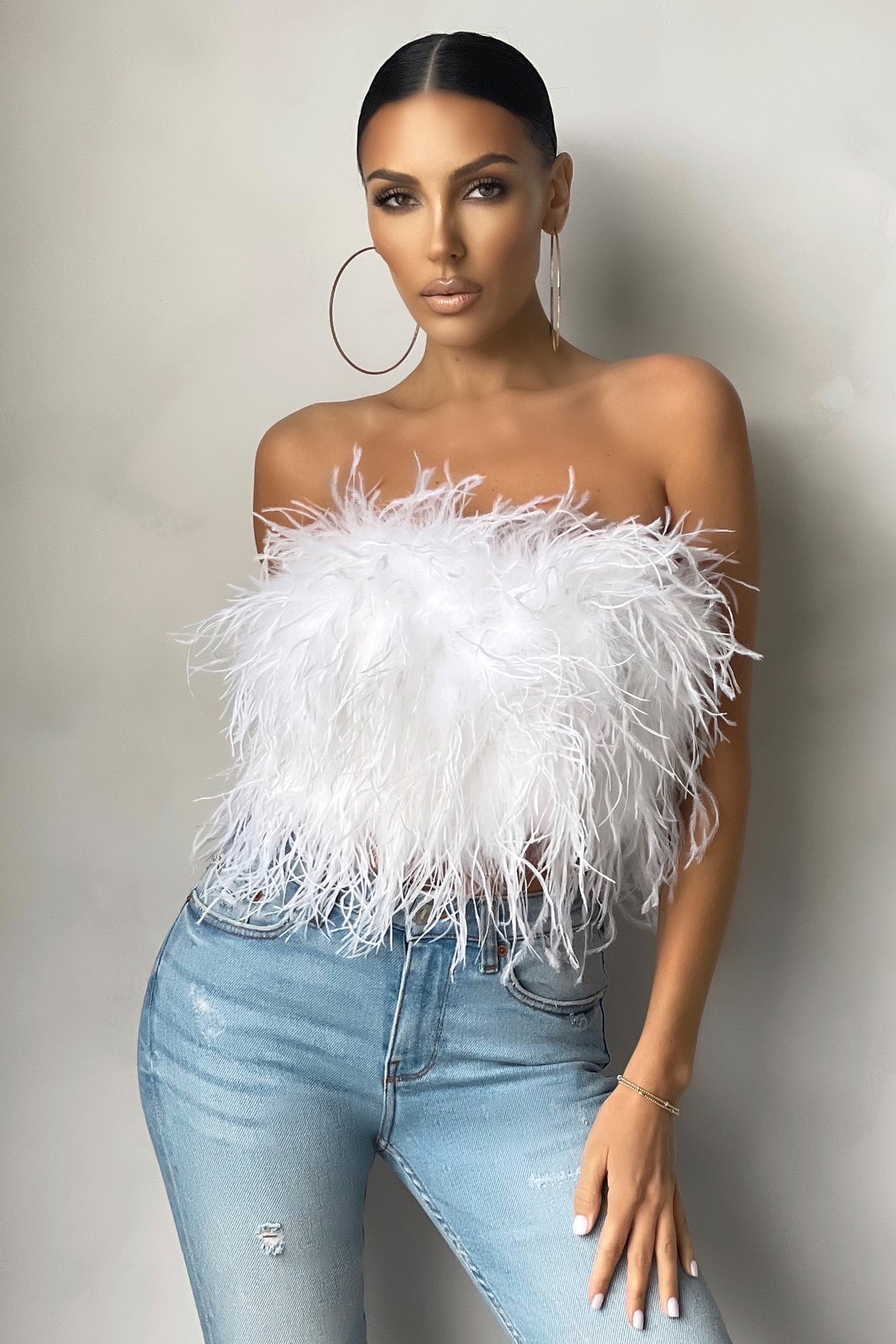 BuddyLove, Fancy Strapless Feather Crop Top