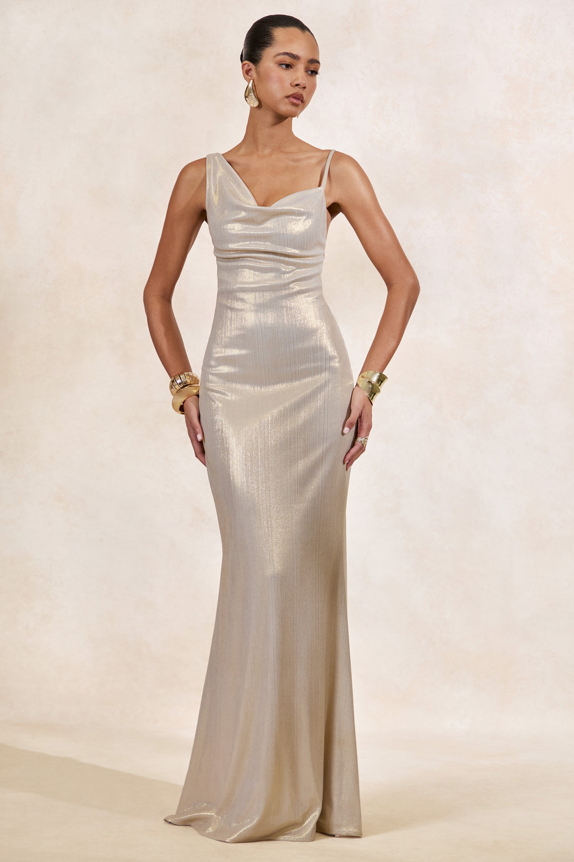 Galaxy Shimmer | Champagne Bias Cut Cowl Front Maxi Dress – Club L London