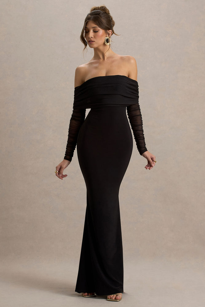Madeleine Fishtail Maxi Dress Bardot Mesh Long Sleeves