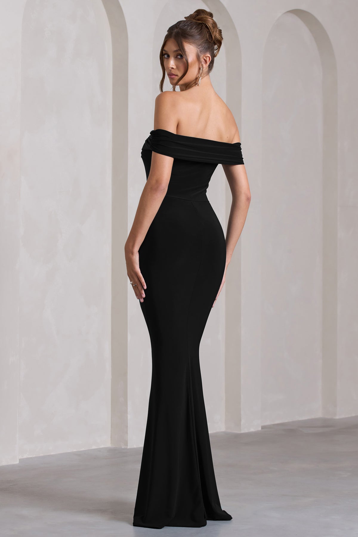 Law of Attraction | Black Bardot Draped Split Maxi Dress - Club L 