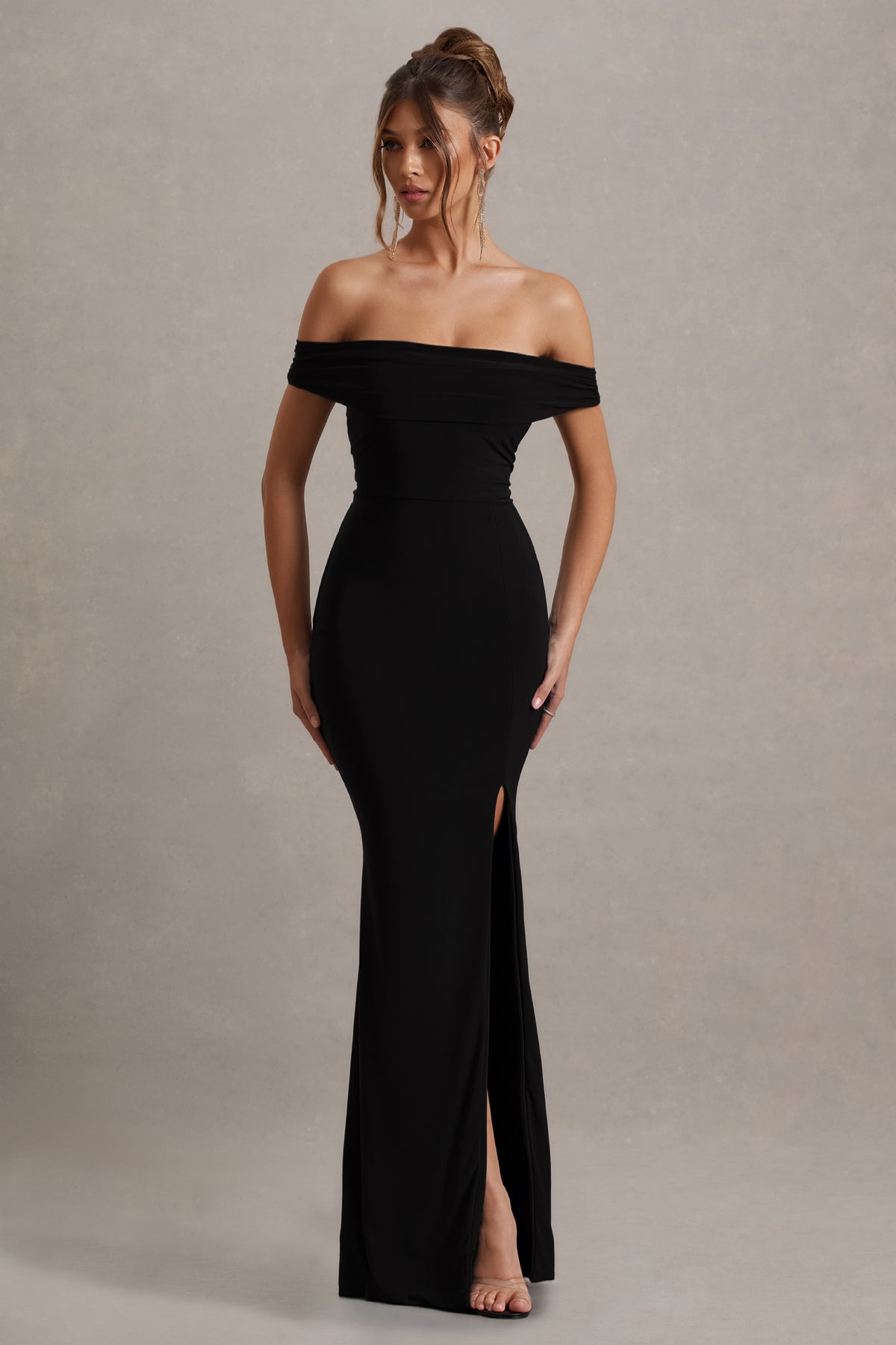 Law of Attraction Black Bardot Draped Split Maxi Dress Club L London - UK Law of Attraction Black Bardot Draped Split Maxi Dress Club L London - UK