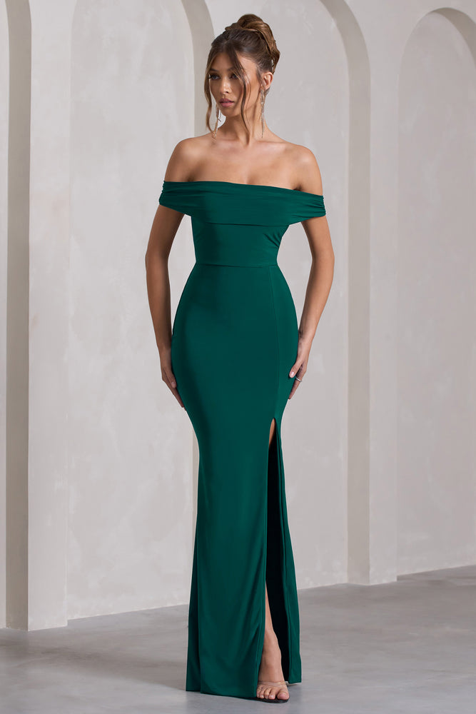 Law of Attraction Bottle Green Bardot Draped Split Maxi Dress – Club L  London