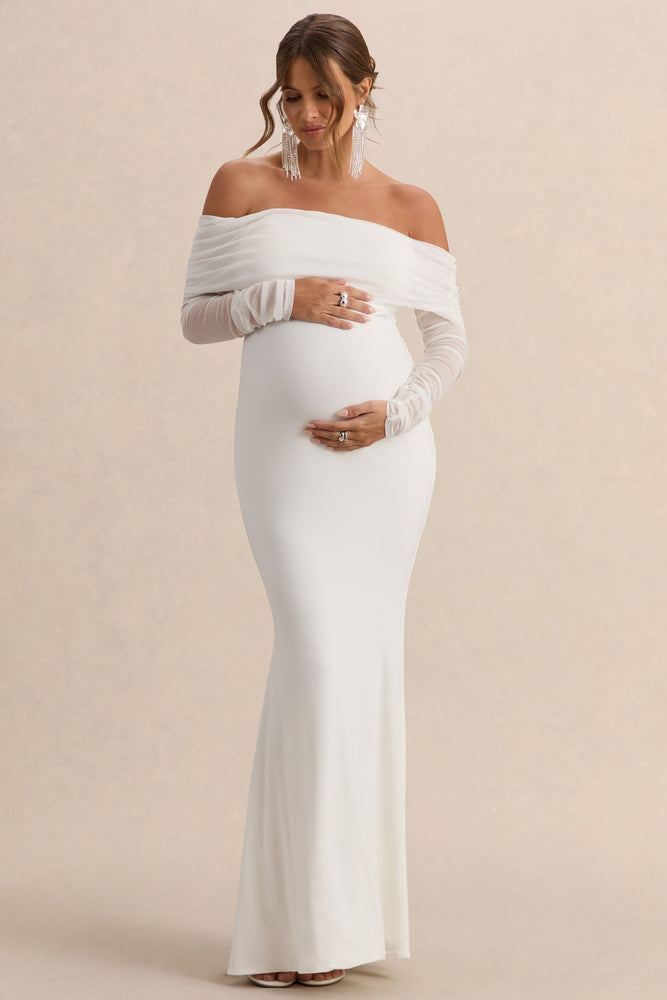 Pretty Perfect Maternity Ruched Mesh Bardot Maxi Dress