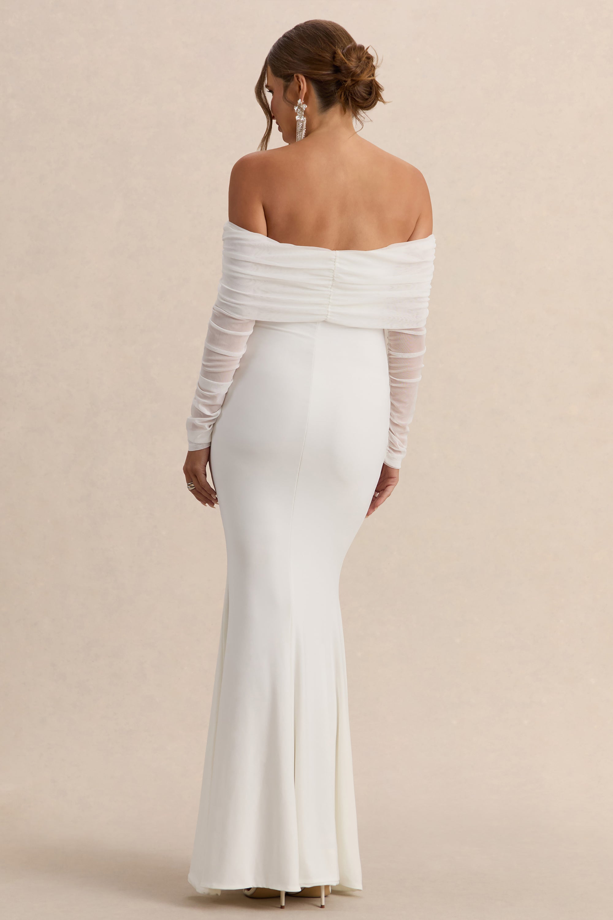 Pretty Perfect | White Maternity Ruched Mesh Bardot Maxi Dress – Club L London
