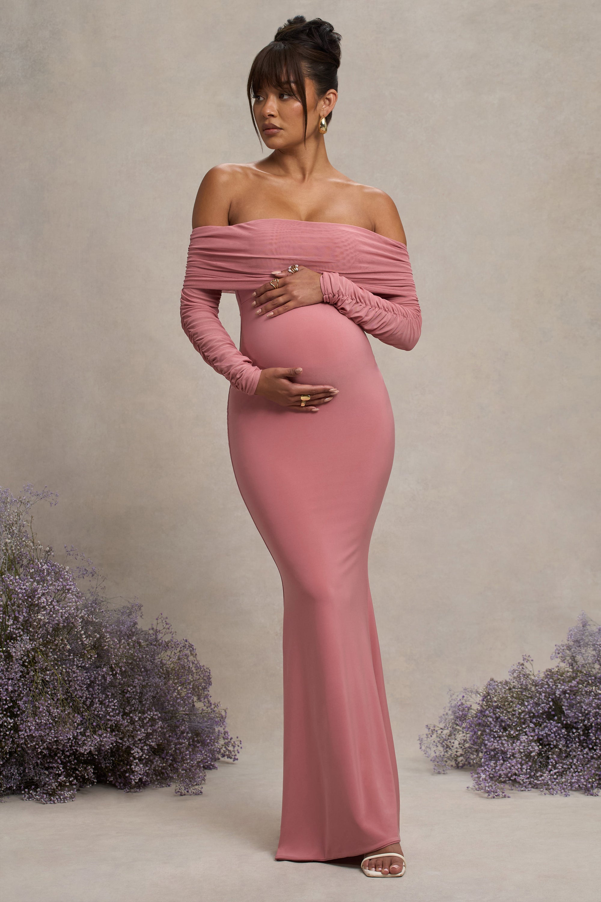 Pretty Perfect | Blush Pink Maternity Ruched Mesh Bardot Maxi Dress - Club L 