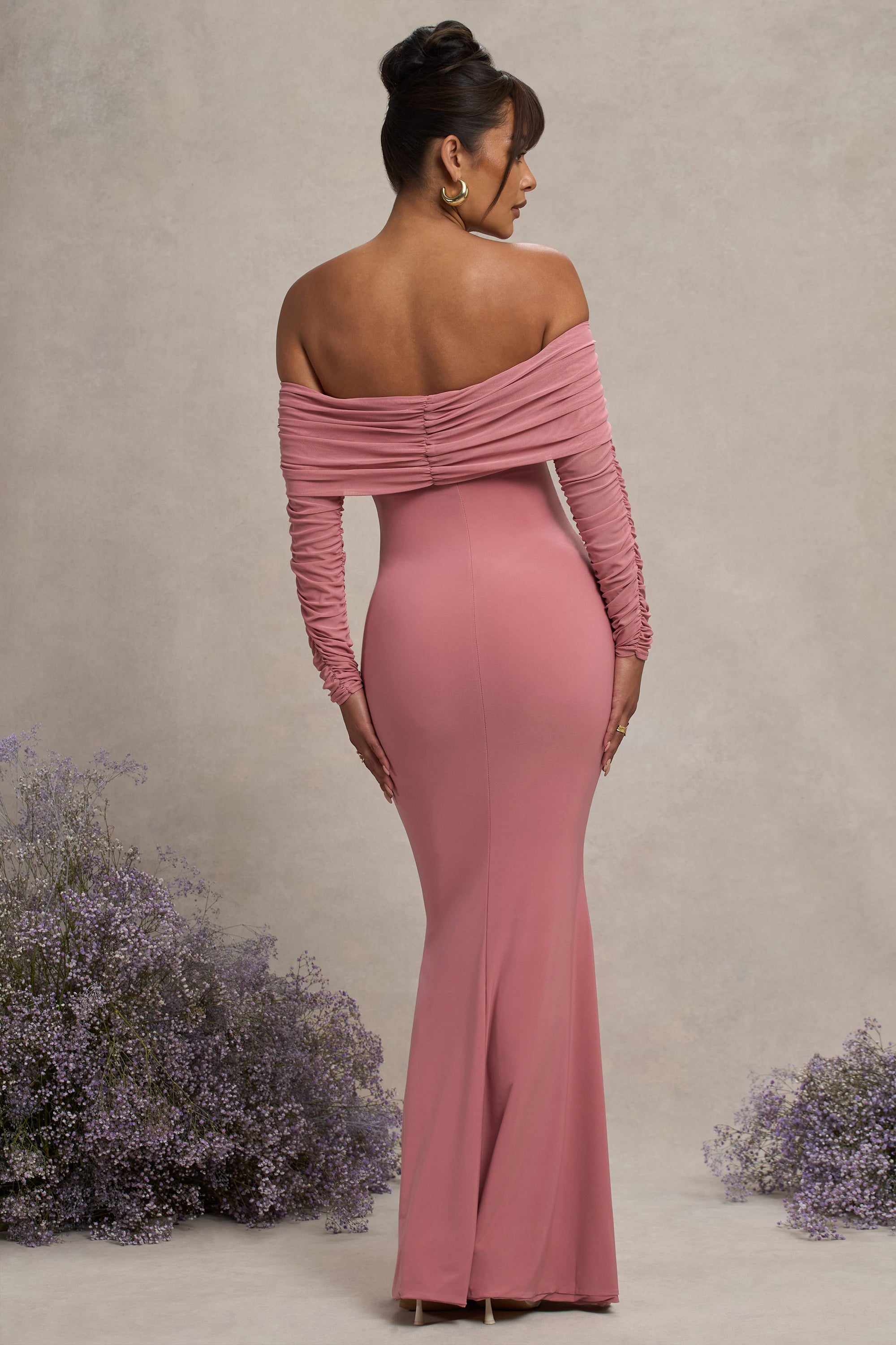 Pretty Perfect | Blush Pink Maternity Ruched Mesh Bardot Maxi Dress – Club L London