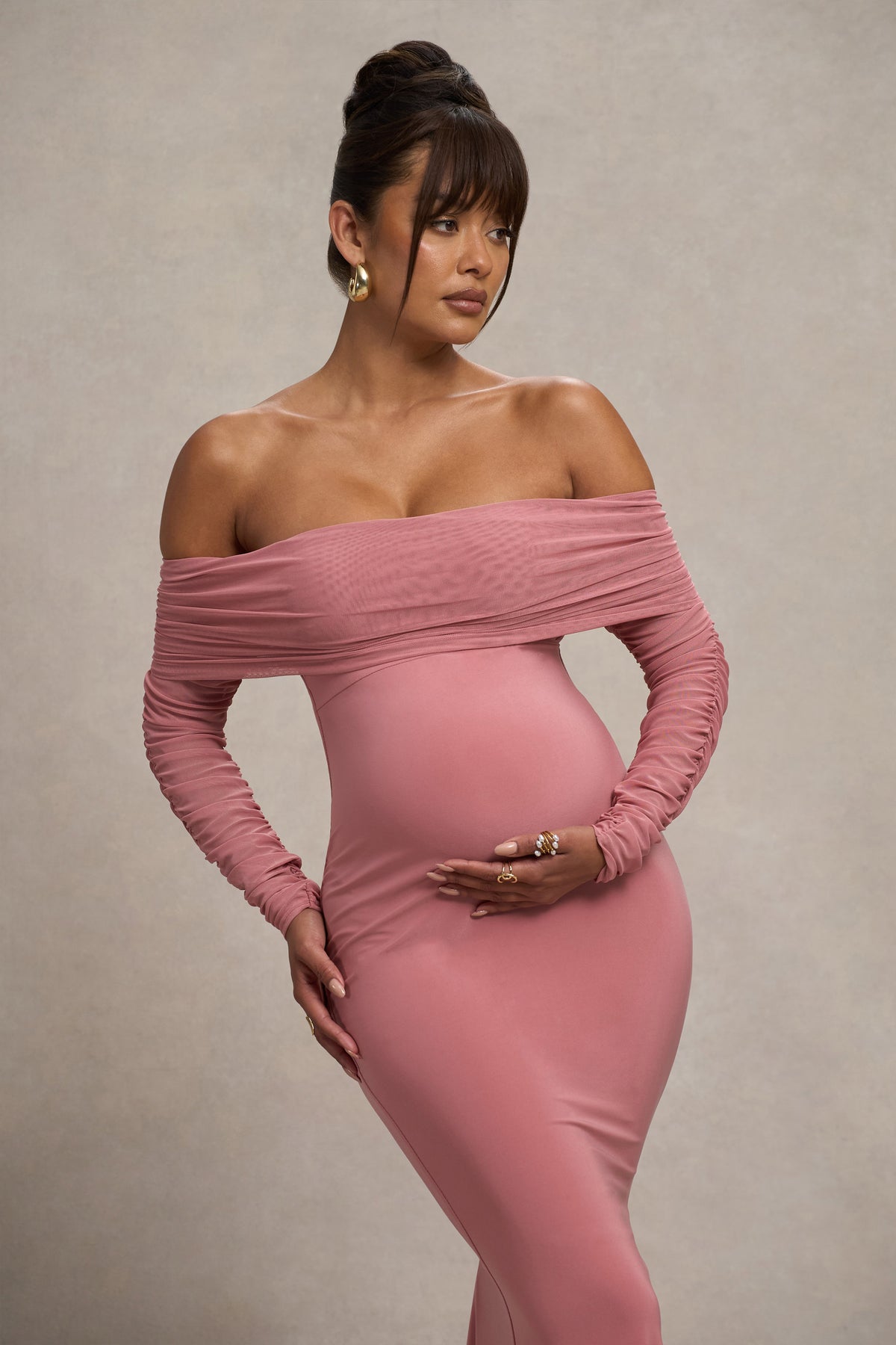 Pretty Perfect | Blush Pink Maternity Ruched Mesh Bardot Maxi Dress - Club L 