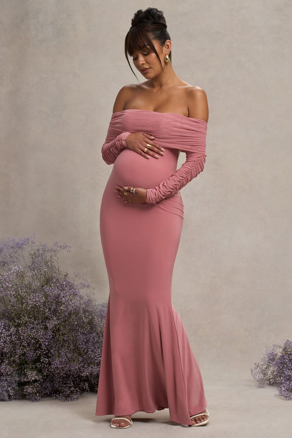 Pretty Perfect | Blush Pink Maternity Ruched Mesh Bardot Maxi Dress - Club L 