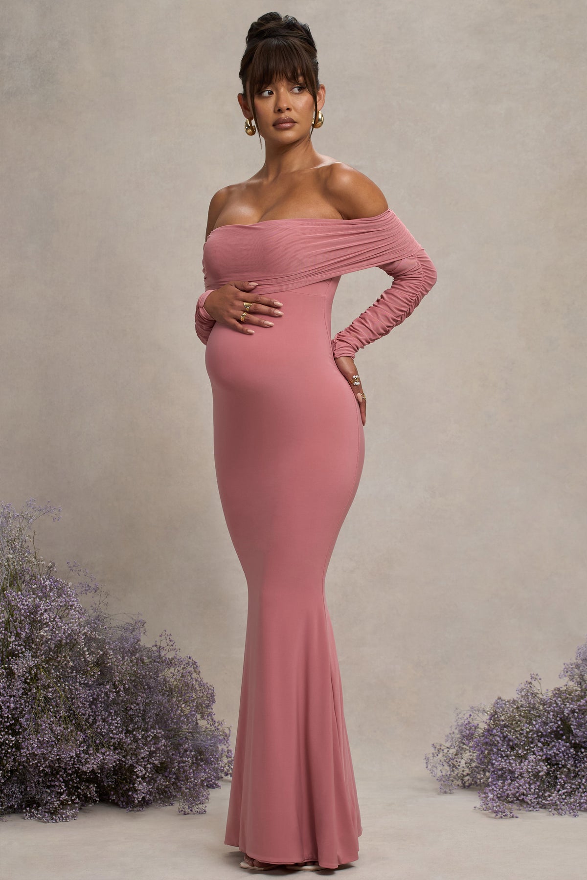 Pretty Perfect | Blush Pink Maternity Ruched Mesh Bardot Maxi Dress - Club L 