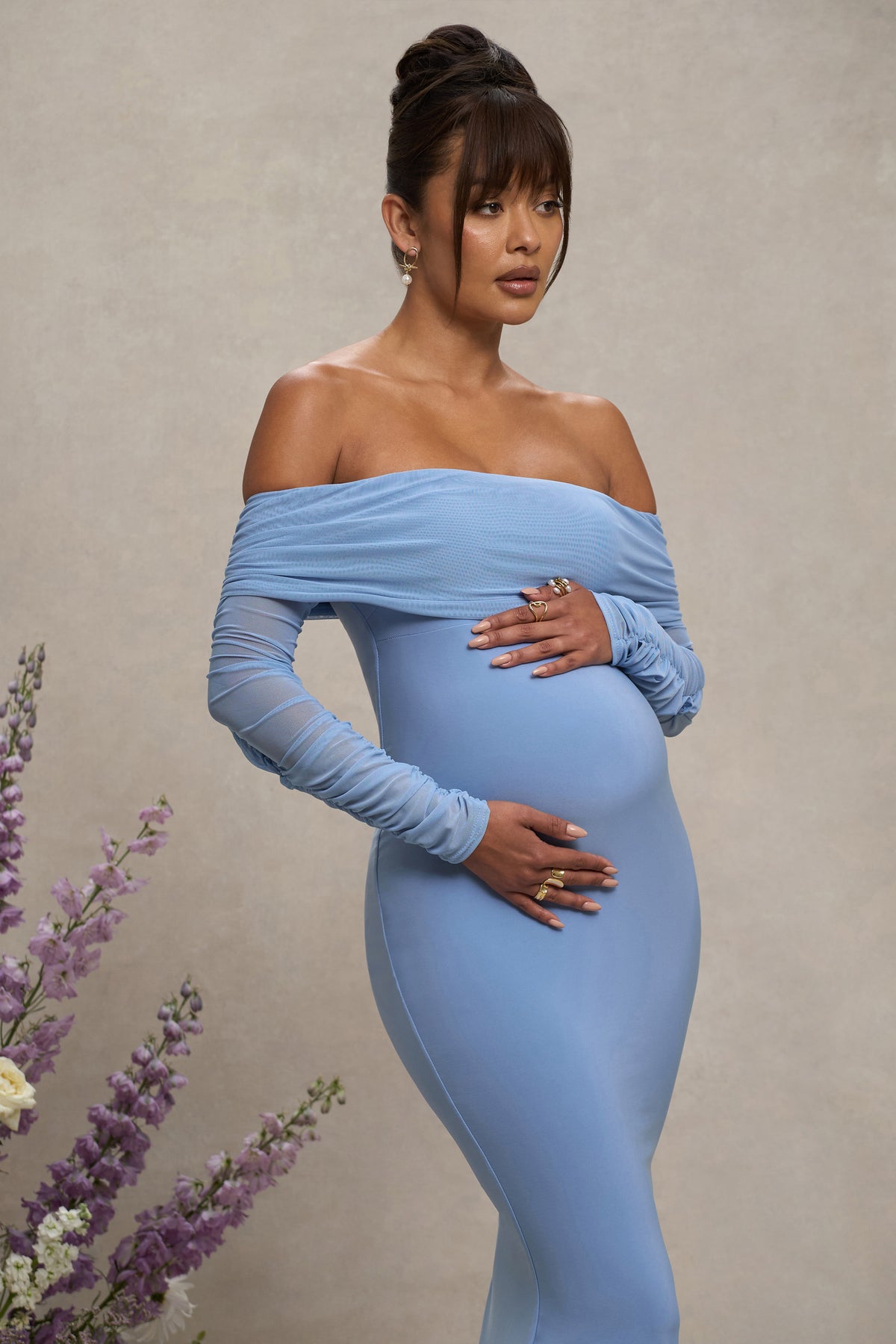 Pretty Perfect | Powder Blue Maternity Ruched Mesh Bardot Maxi Dress - Club L 