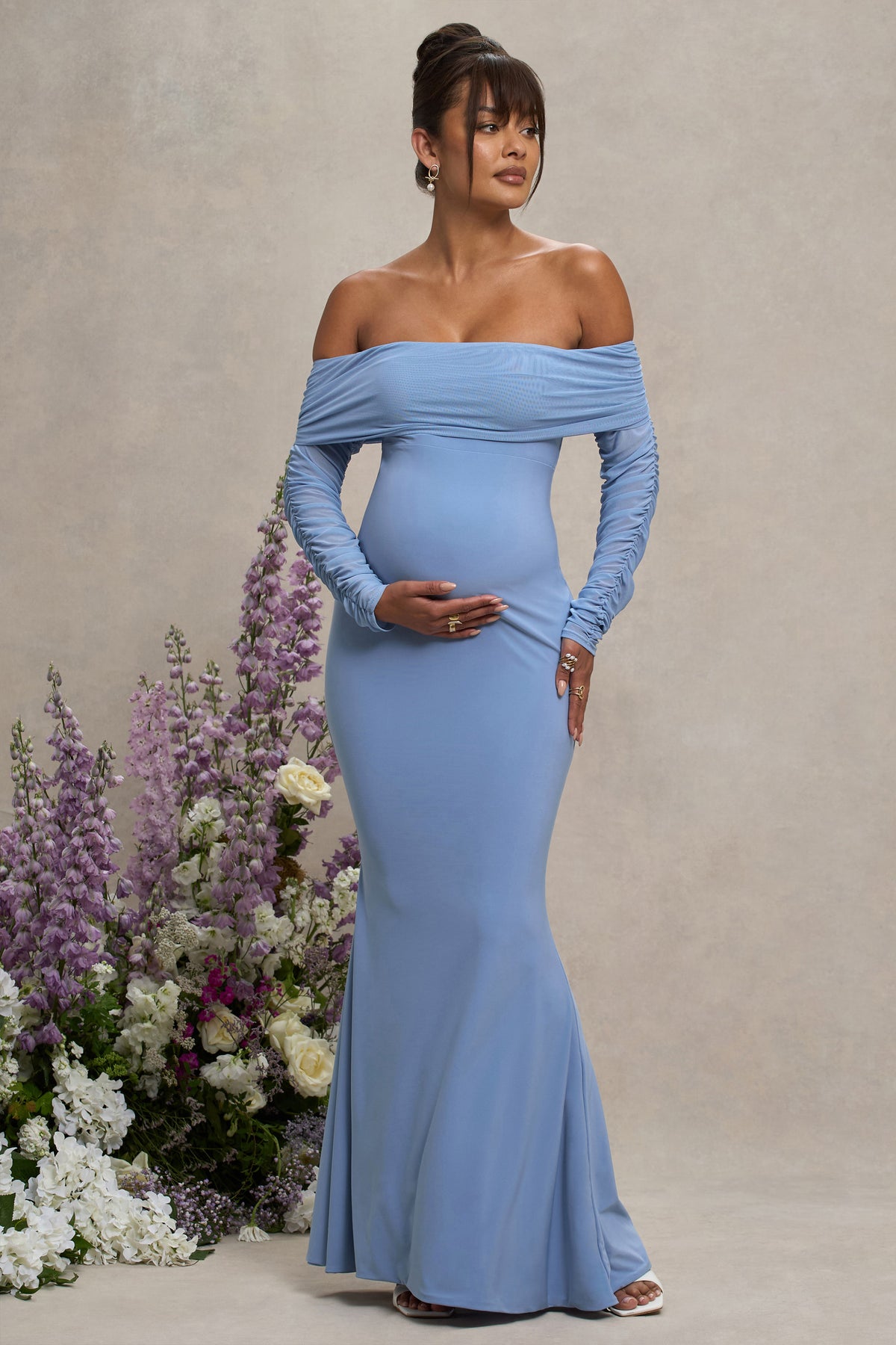 Pretty Perfect | Powder Blue Maternity Ruched Mesh Bardot Maxi Dress - Club L 