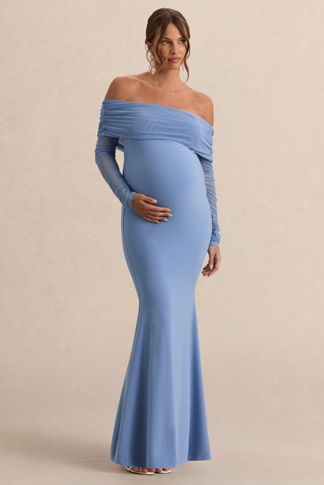 Pretty Perfect Powder Blue Maternity Ruched Mesh Bardot Maxi Dress
