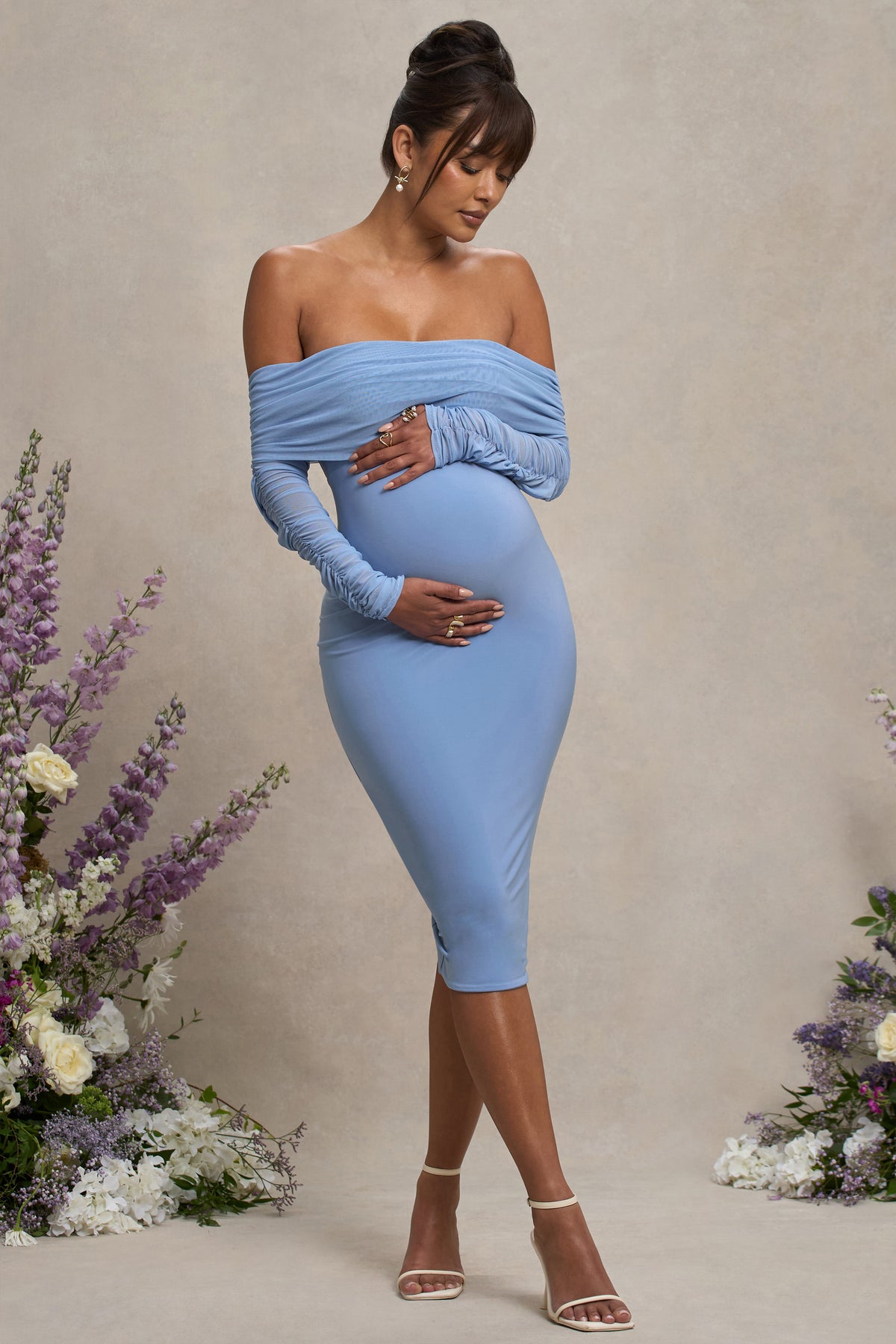 Patiently Waiting | Powder Blue Maternity Ruched Mesh Bardot Midi Dress - Club L 