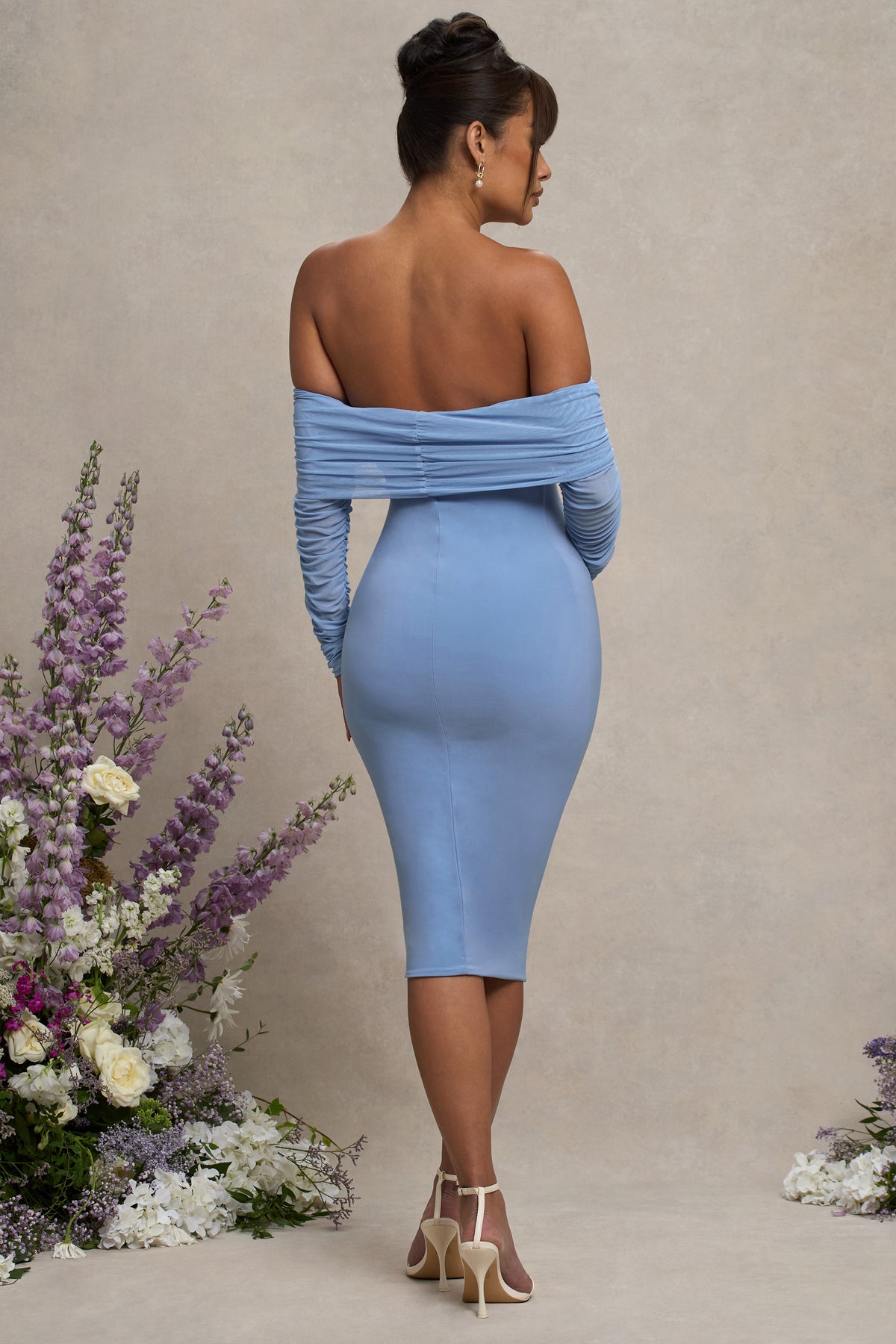 Patiently Waiting | Powder Blue Maternity Ruched Mesh Bardot Midi Dress - Club L 