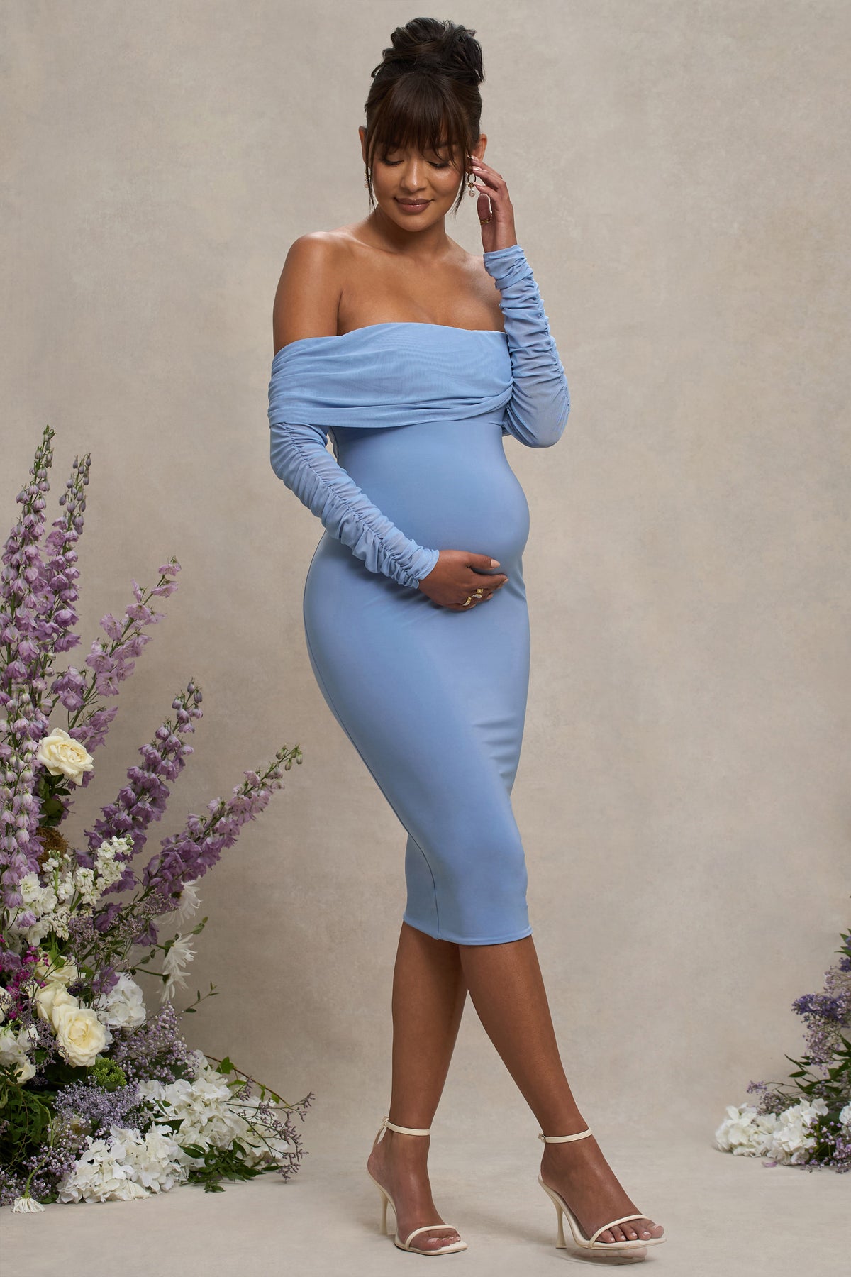 Patiently Waiting | Powder Blue Maternity Ruched Mesh Bardot Midi Dress - Club L 