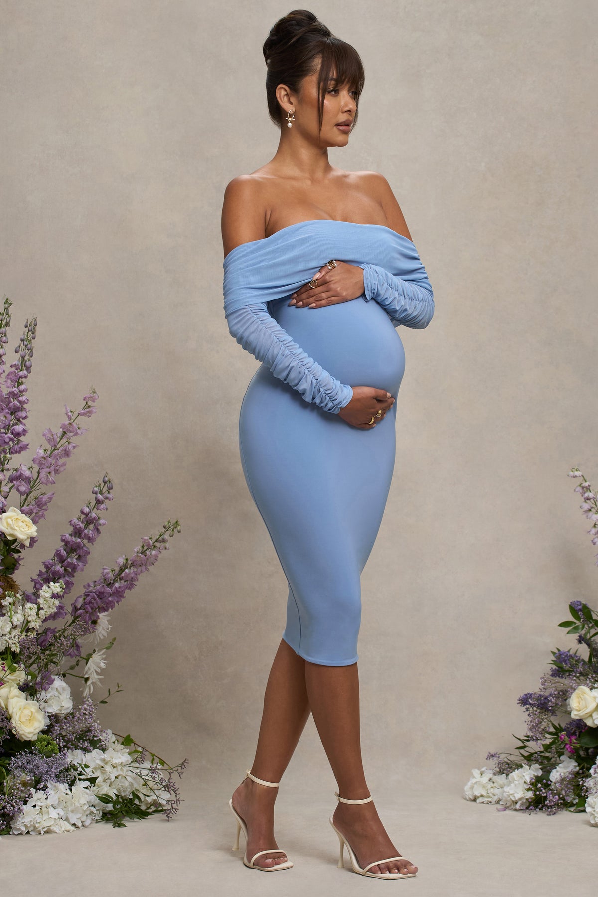 Patiently Waiting | Powder Blue Maternity Ruched Mesh Bardot Midi Dress - Club L 