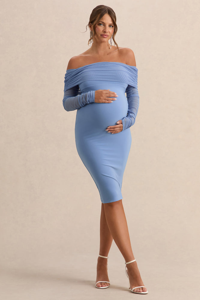 Patiently Waiting Powder Blue Maternity Ruched Mesh Bardot Midi Dress