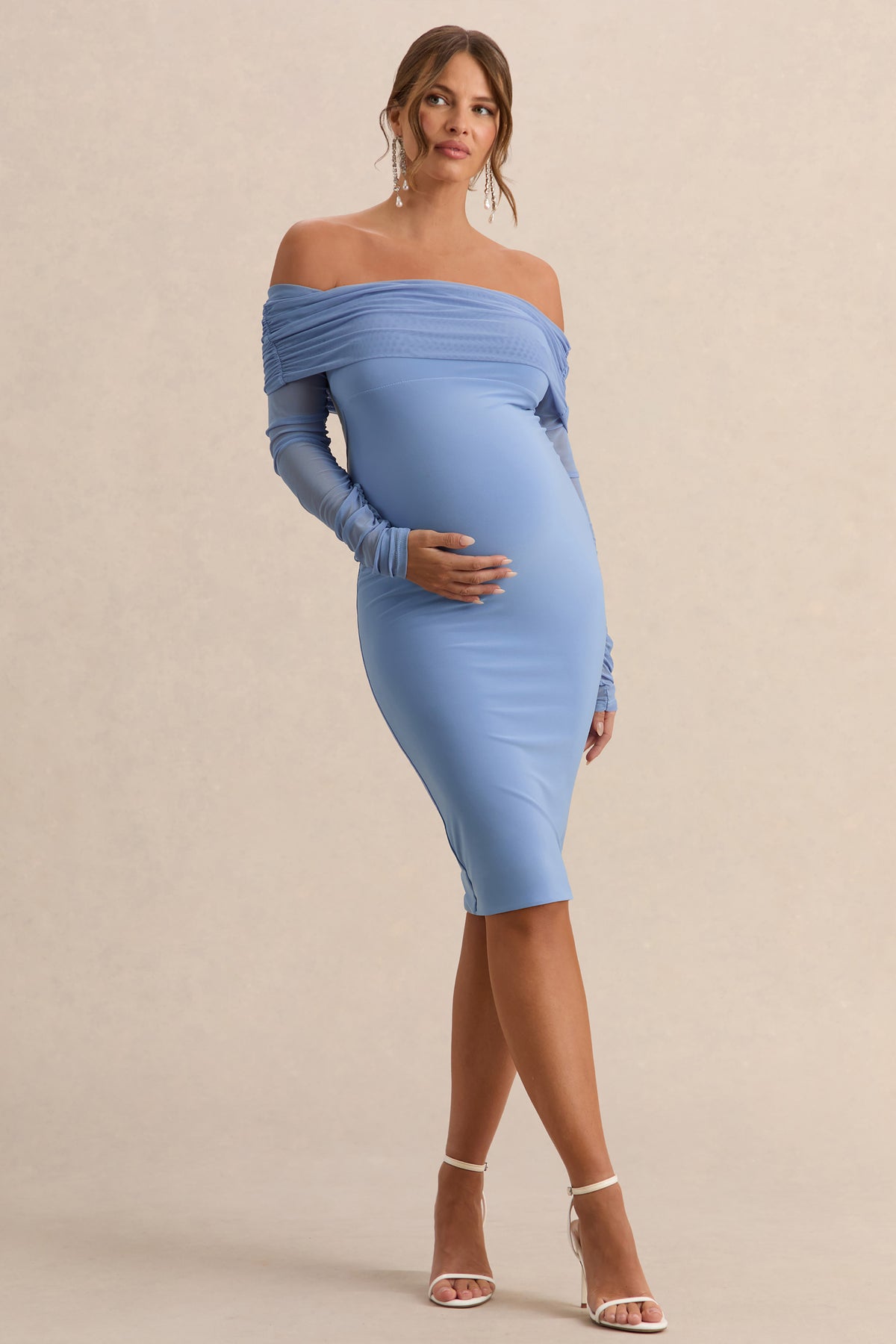 Patiently Waiting Powder Blue Maternity Ruched Mesh Bardot Midi Dres Club L London - UK Patiently Waiting Powder Blue Maternity Ruched Mesh Bardot Midi Dres Club L London - UK