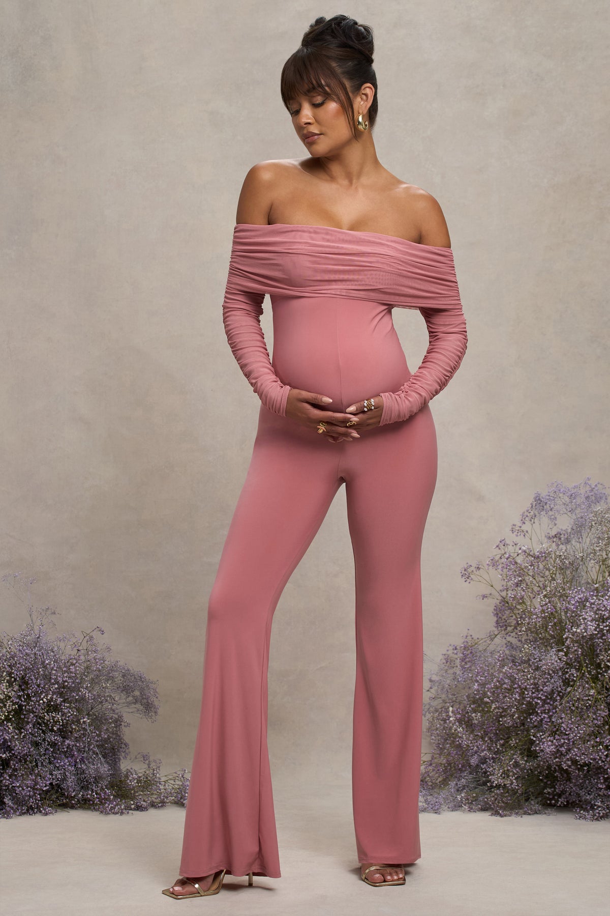 Count Down | Blush Pink Maternity Ruched Mesh Bardot Jumpsuit - Club L 