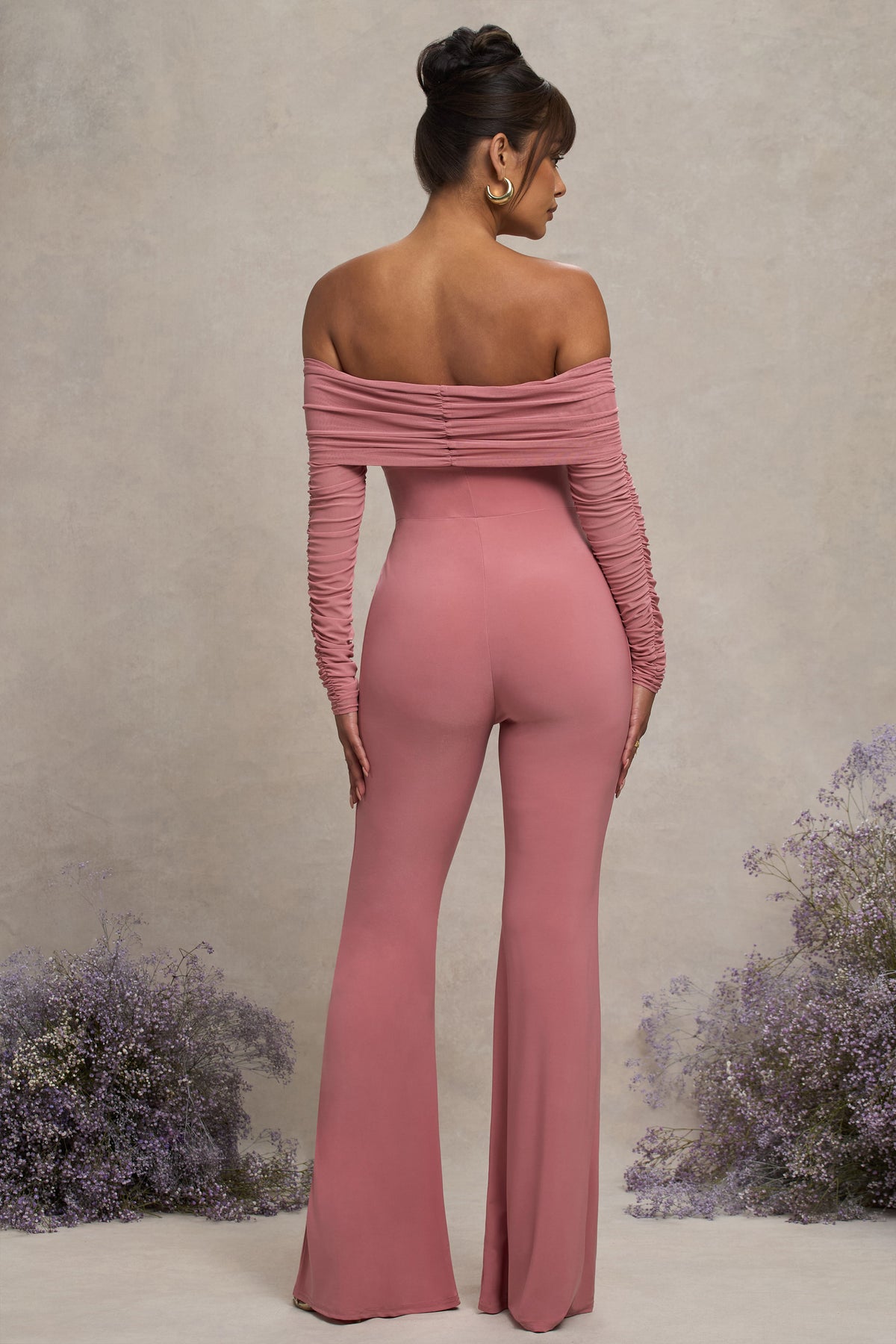 Count Down | Blush Pink Maternity Ruched Mesh Bardot Jumpsuit - Club L 
