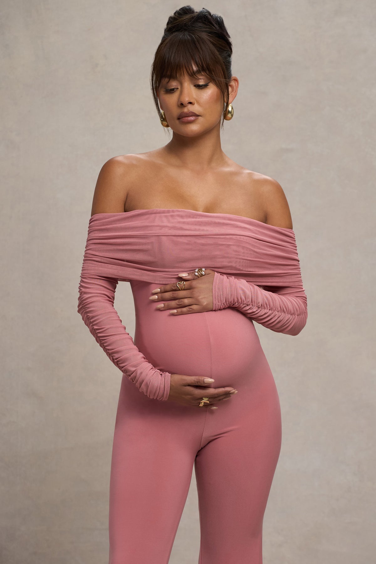 Count Down | Blush Pink Maternity Ruched Mesh Bardot Jumpsuit - Club L 