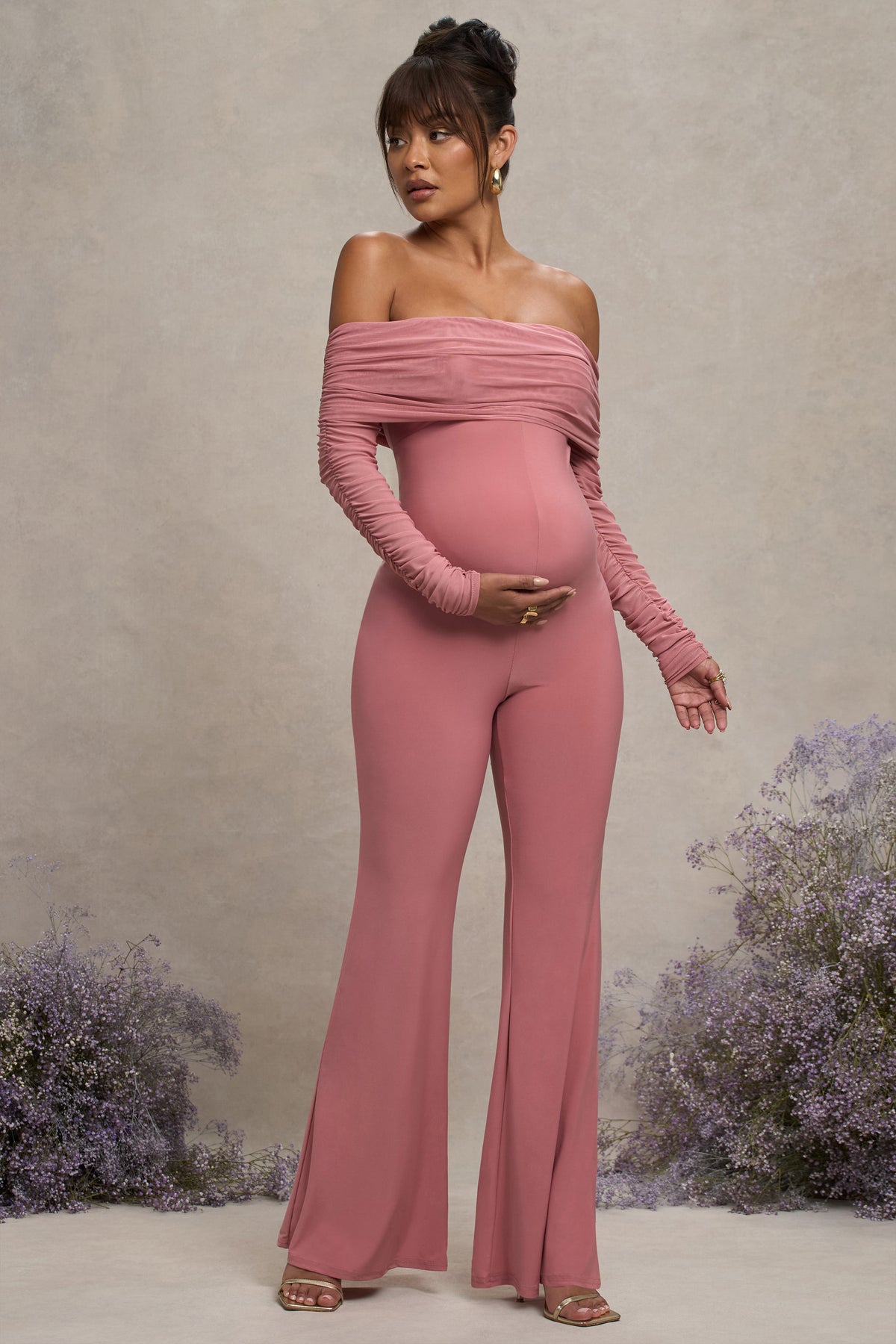 Count Down | Blush Pink Maternity Ruched Mesh Bardot Jumpsuit - Club L 