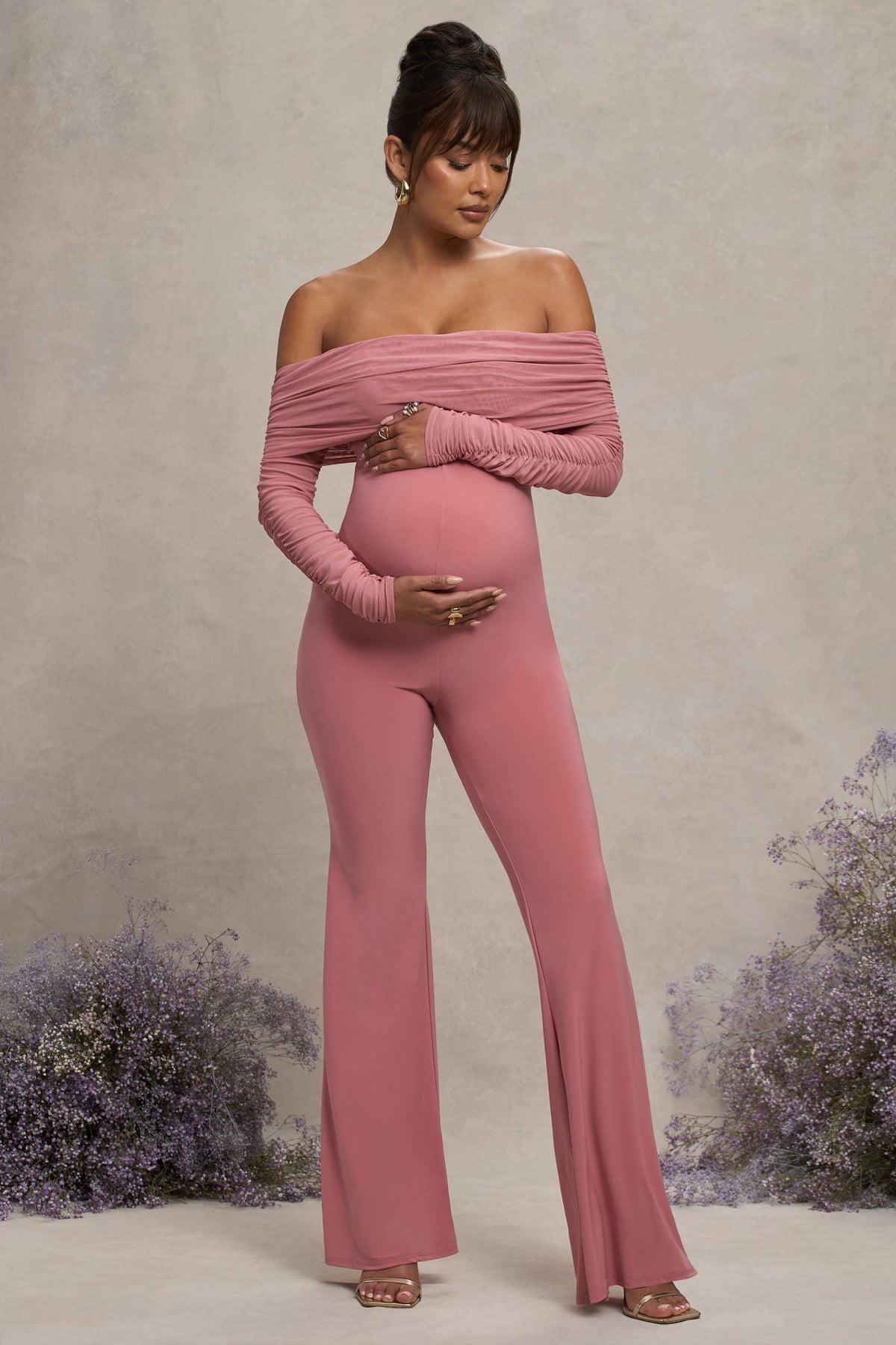 Count Down | Blush Pink Maternity Ruched Mesh Bardot Jumpsuit - Club L 