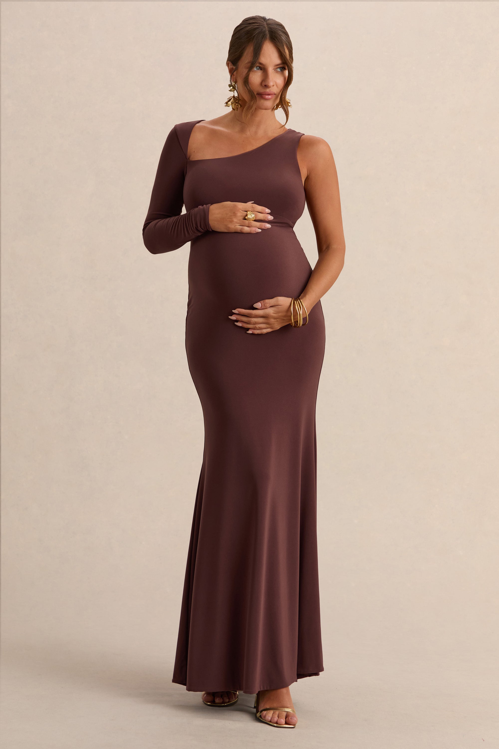 Oh Baby | Brown Maternity One Shoulder Bodycon Maxi Dress – Club L London