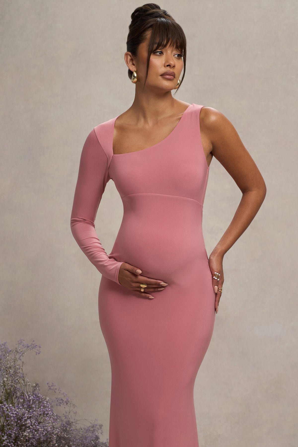 Oh Baby | Blush Maternity One Shoulder Bodycon Maxi Dress - Club L 