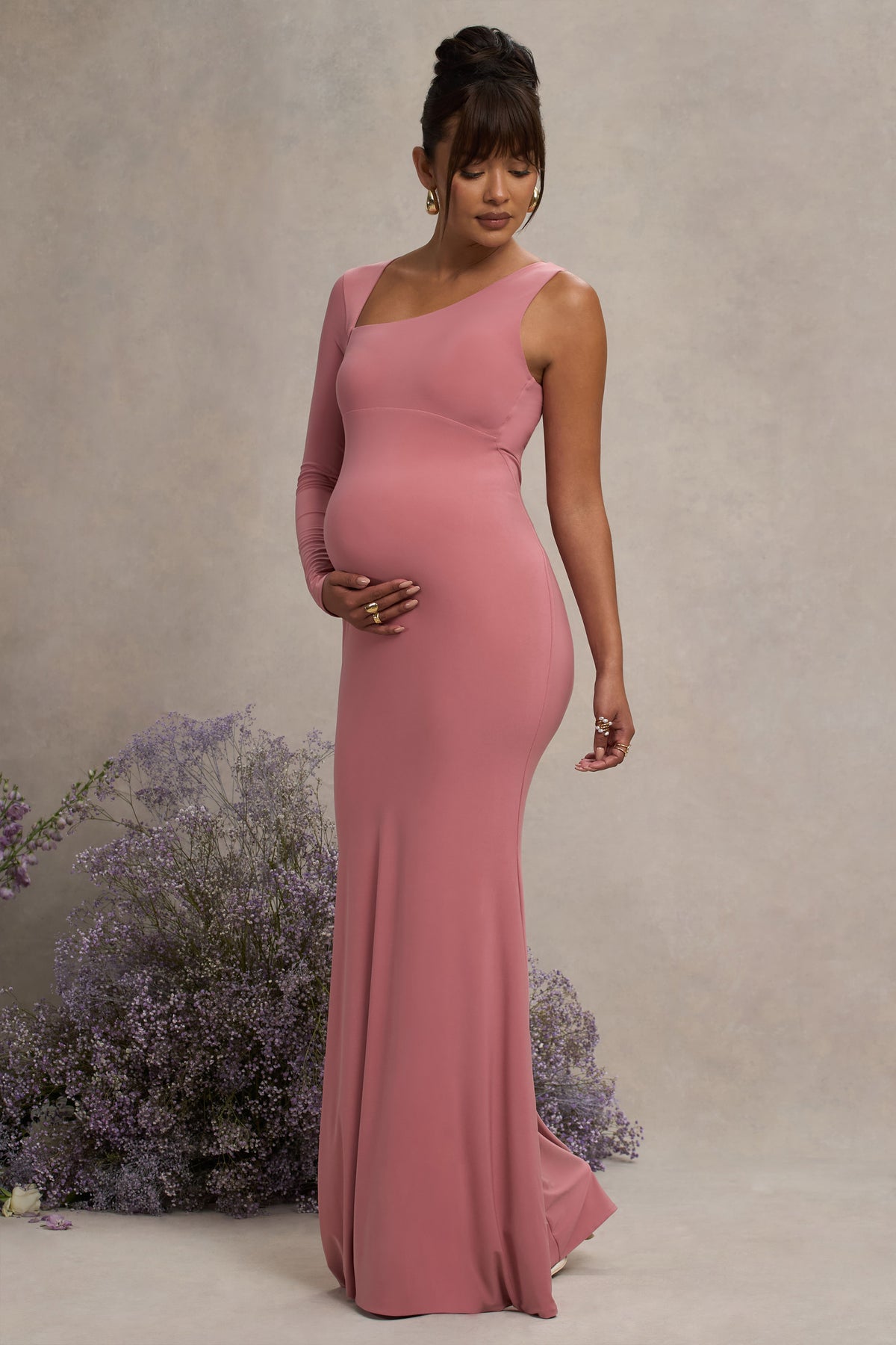 Oh Baby | Blush Maternity One Shoulder Bodycon Maxi Dress - Club L 