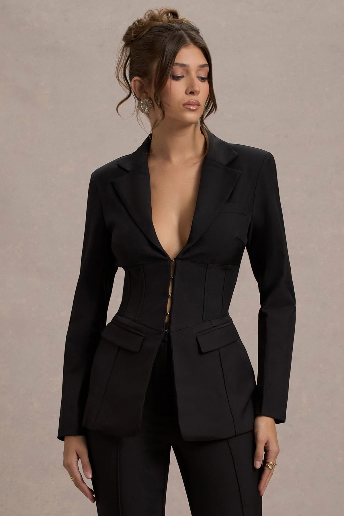 Unbeaten | Black Plunge Corset Waist Blazer - Club L 