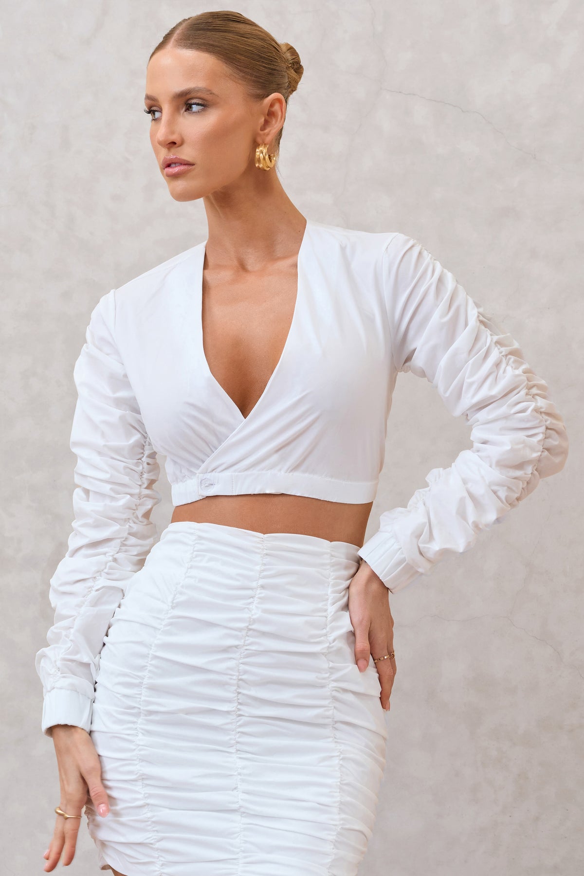 Sundown | White Ruched Sleeve Wrap Detail Cropped Shirt - Club L 