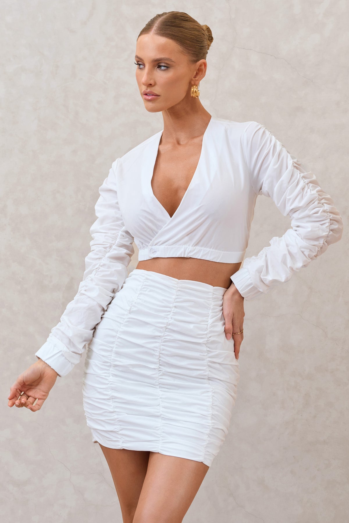 Sundown | White Ruched Sleeve Wrap Detail Cropped Shirt - Club L 