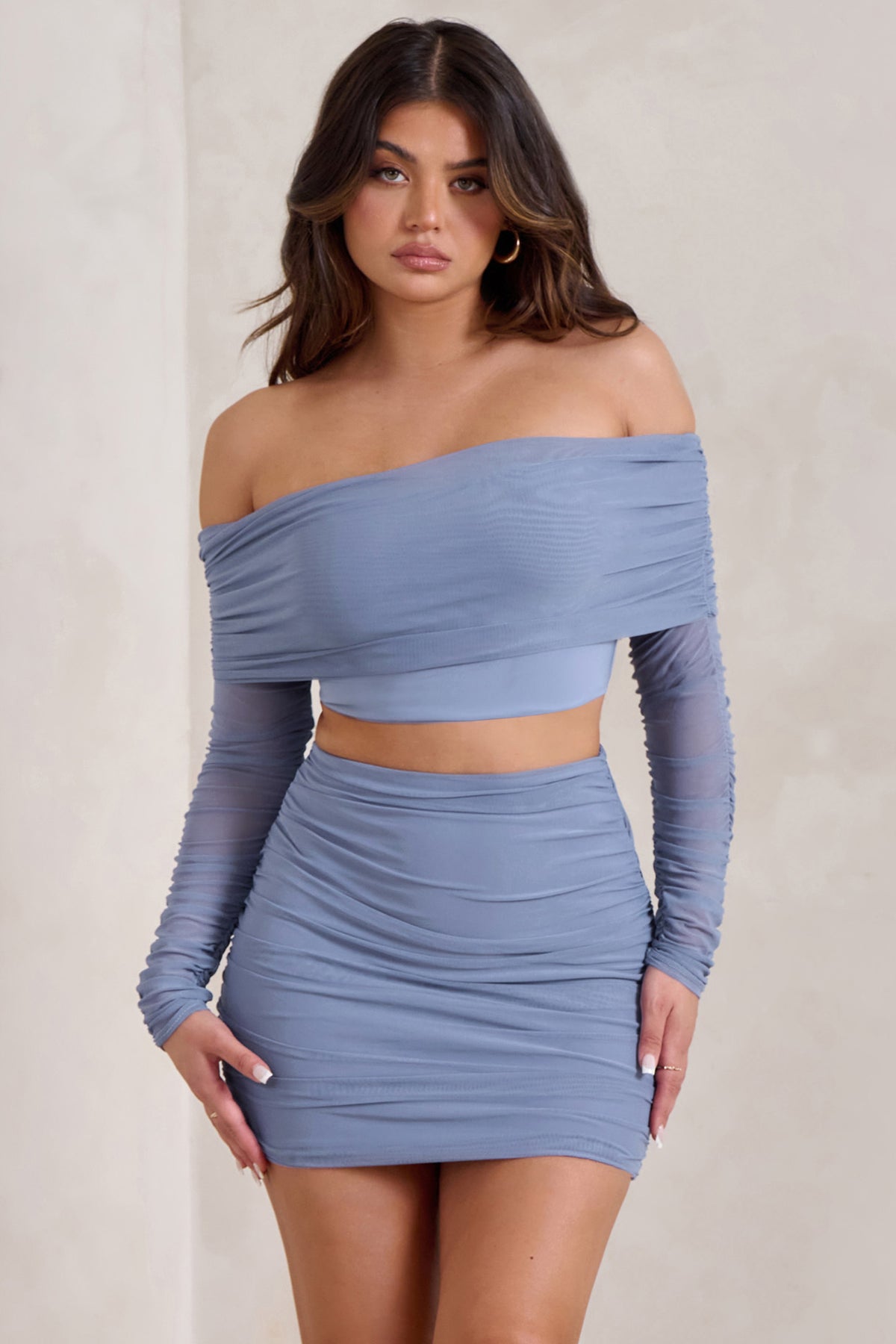 Rule Breaker | Cornflower Blue Ruched Mesh Bardot Crop Top - Club L 