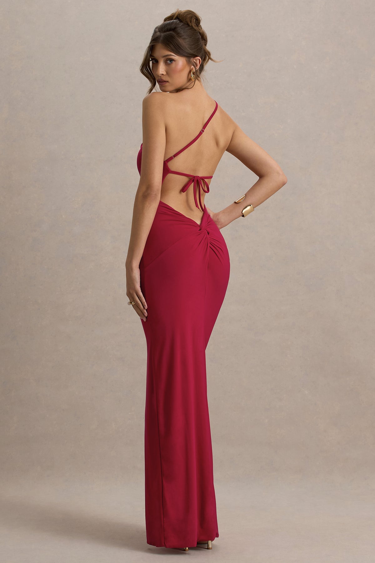 Dressing Up Jersey One Shoulder Maxi Dress Twist Open Back Detail Split